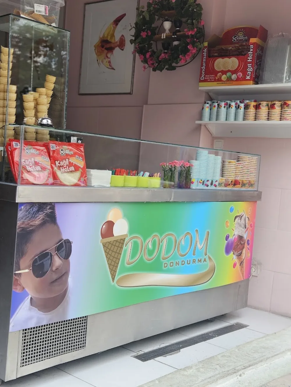 Dodom Dondurma tezgahı ve renkli dondurma vitrini